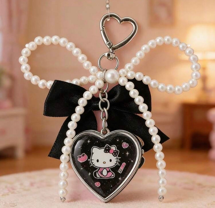 آویز کیف/آینه جیبی فلزی قلبی هلو کیتی